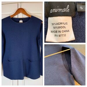 Animale Sweater Women's Small Wool Blend Pockets Blue Open Front Shoulder Knit